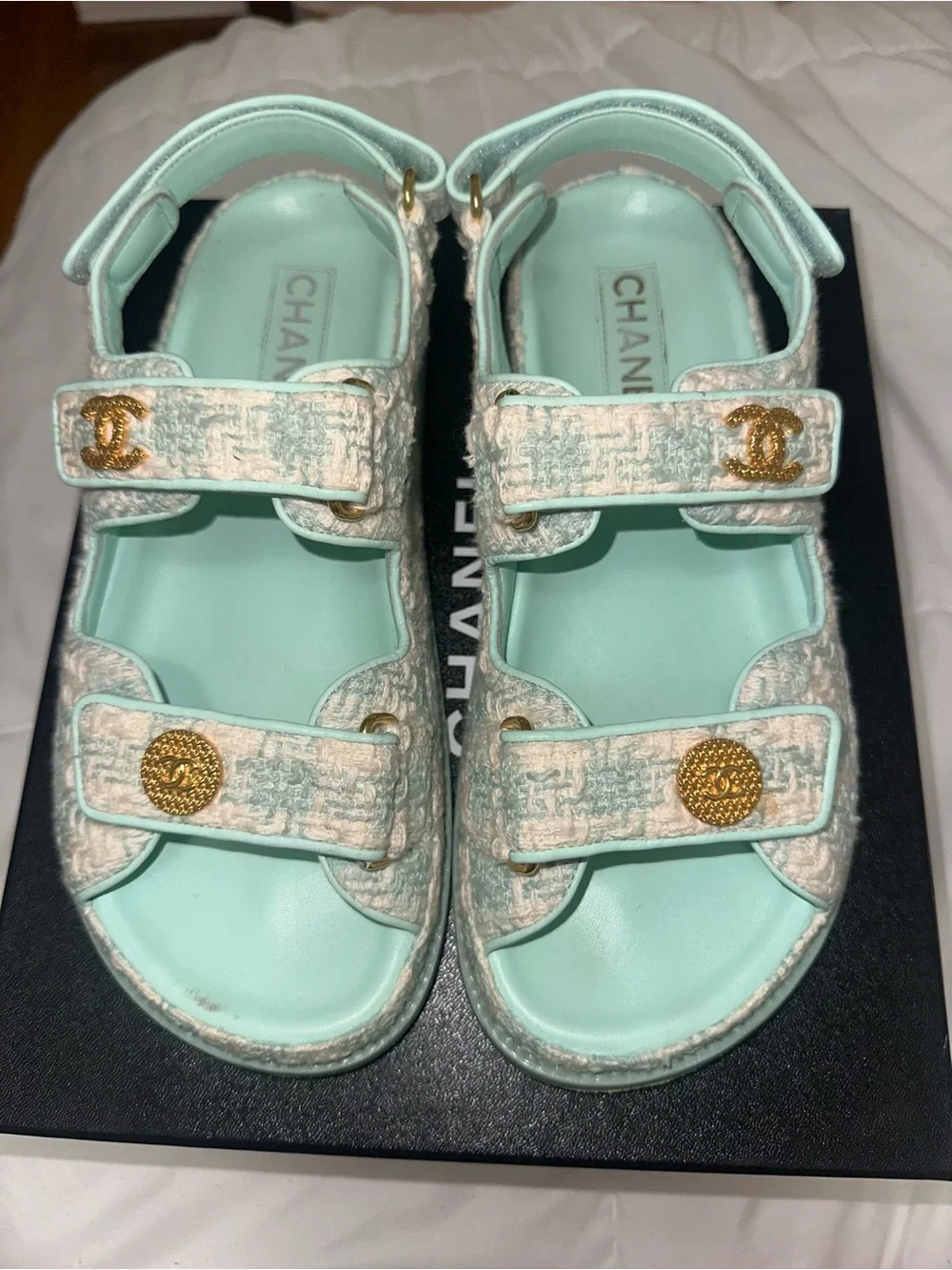 CHANEL Mint Green Tweed Slide Sandals with Gold CC Medallions